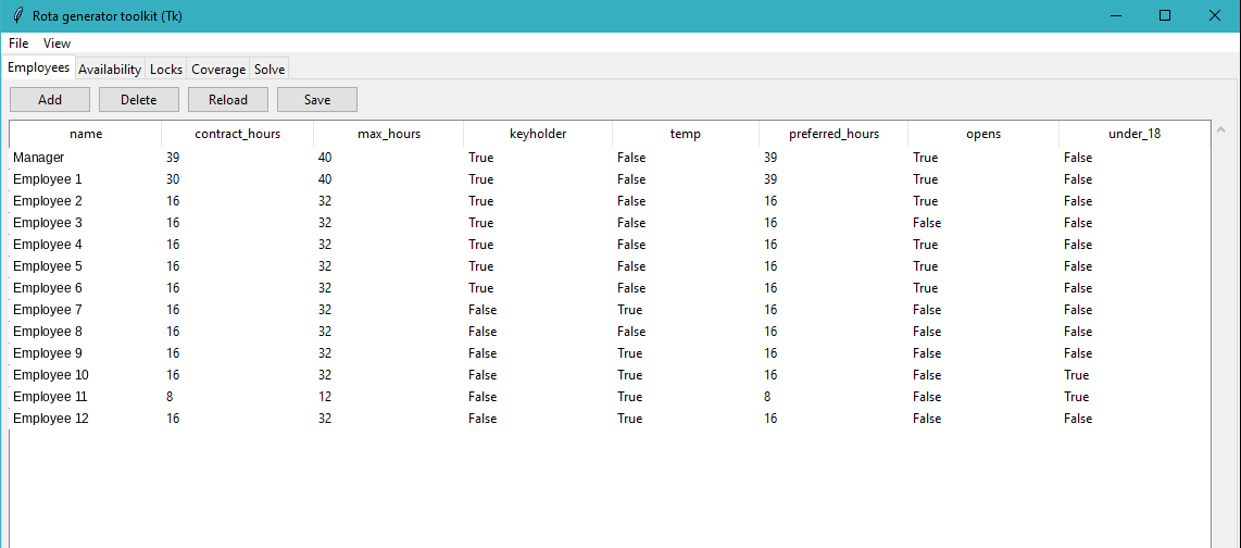 Rota Generator employee setup screen